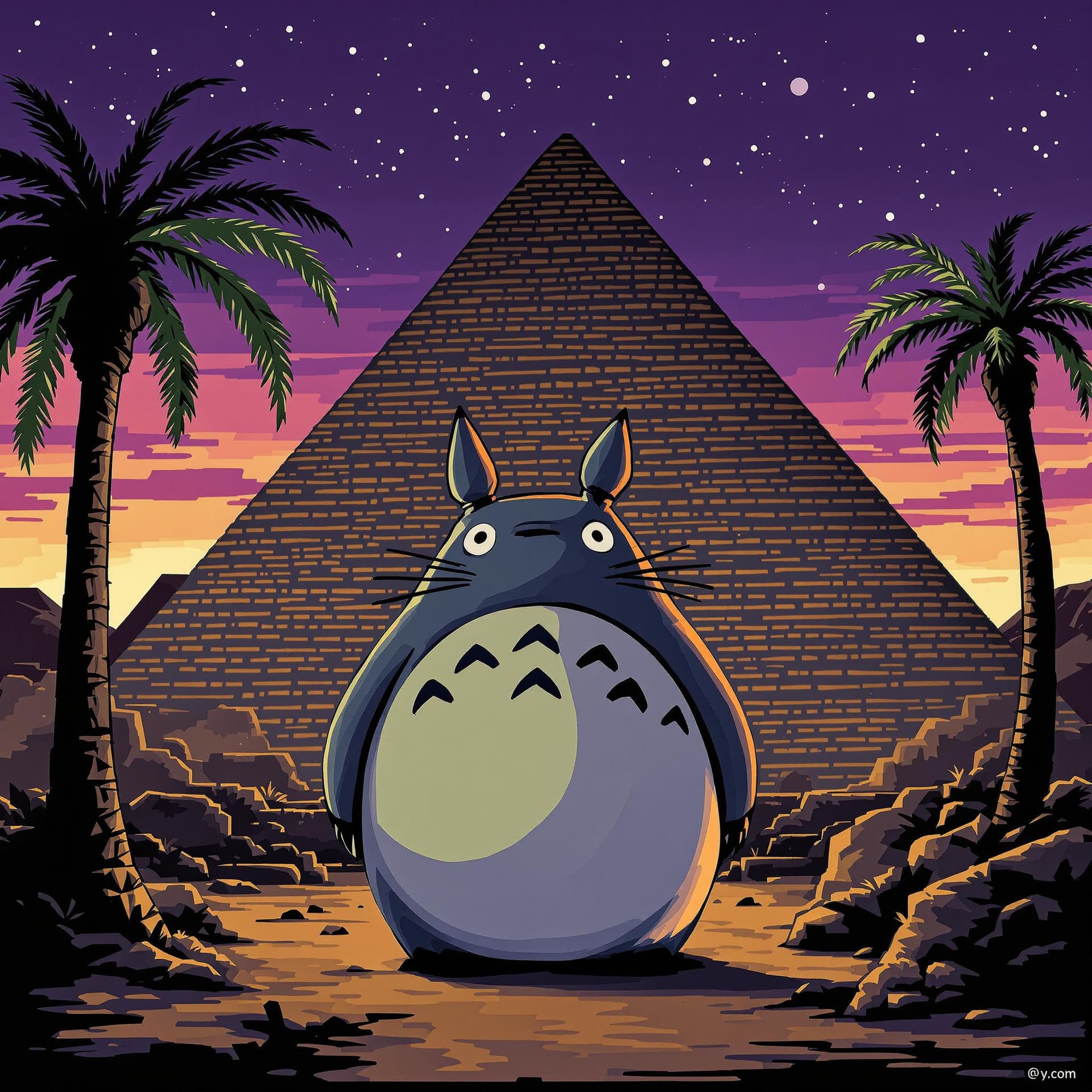 AI generated: Totoro at Giza --personalize nwnd4j3 --stylize 600