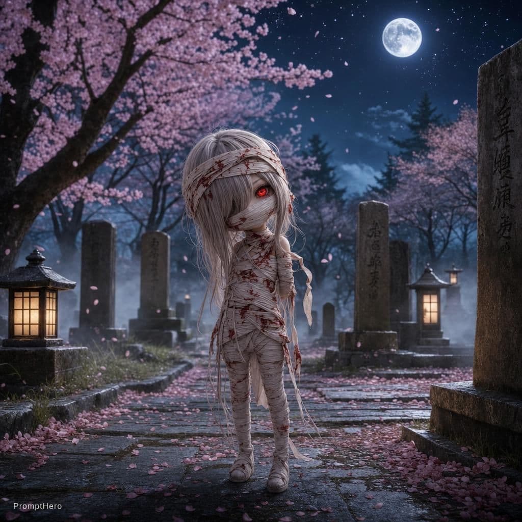 AI generated: (photorealism:1.2), an ethereal bandaged figure with shining eye. A tiny female figure with silver h...