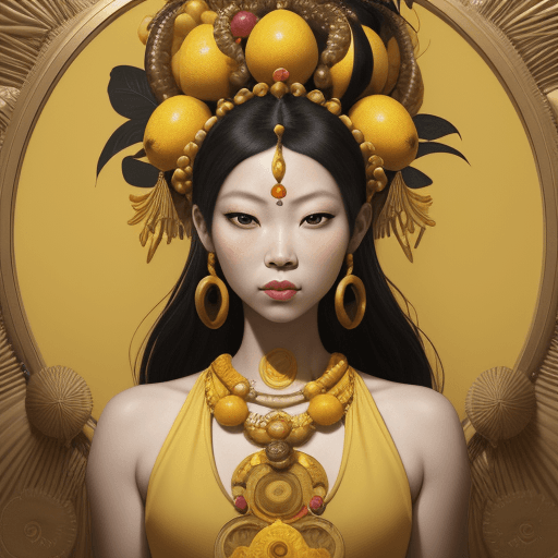 AI generated: a mural of Asian woman on a yellow wall with fruit on her head, in the style of ingrid baars, 32k uh...