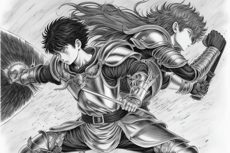 AI generated: monochrome, a little boy, brown hair with tuft, in golden armor, manga, ((without helmet)), in a fig...