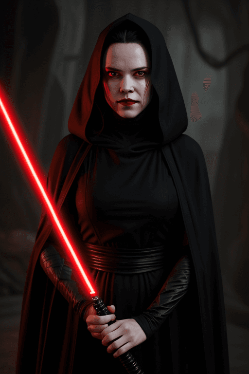 AI generated: rey skywalker as sith empress in black sith robe and black hood, loose hair, dark red lips, red eyes...
