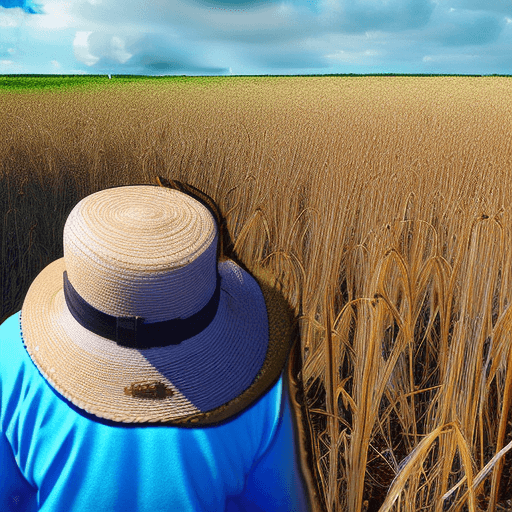 AI generated: Wheat field, a farmer uncle with a straw hat standing in a wheat field, big clouds, blue sky, rice f...
