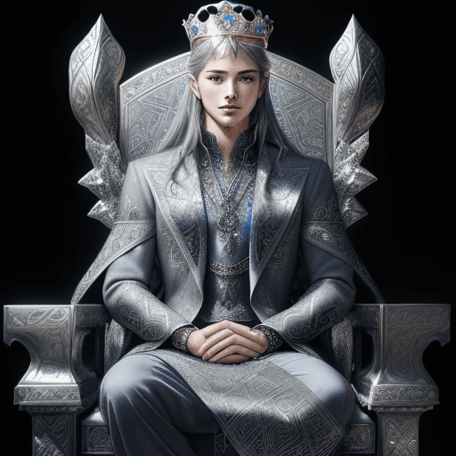 AI generated: A handsome young king, sitting on a silver throne inlaid with sapphires. Featuring Celtic elements a...