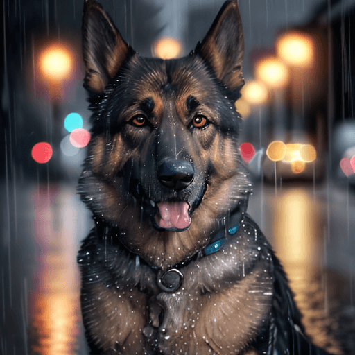 AI generated: photorealistic close-up portrait of a beautiful German shepard in the rain on a street with a blurre...