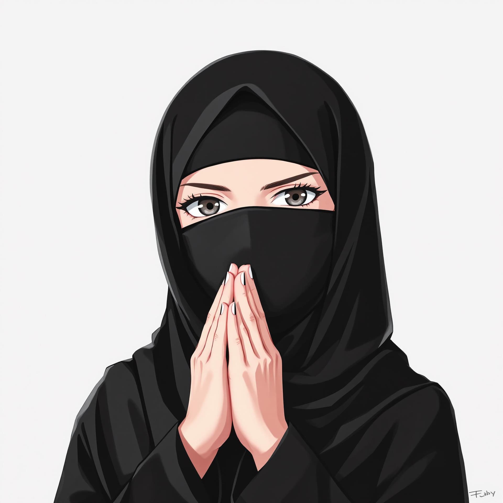 AI generated: manga anime, upper body, wearing a black hijab with the covering face like a Arabian woman in black ...