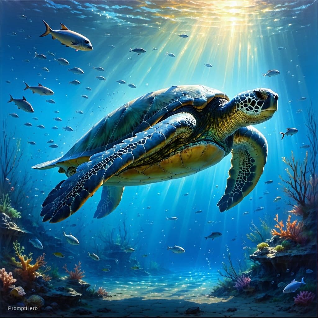 AI generated: A massive prehistoric leatherback sea turtle (Dermochelys) from the Cretaceous period swimming grace...