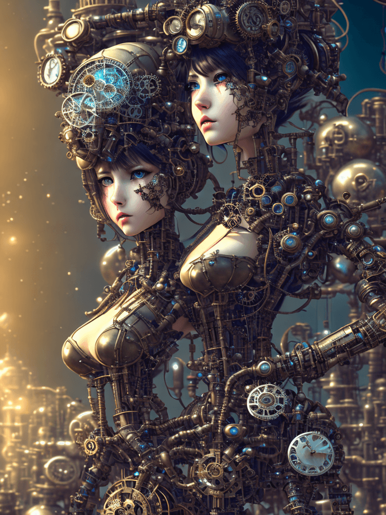AI generated: (steampunk atmosphere, a stunning girl with a mecha musume aesthetic, adorned in intricate cyber gog...