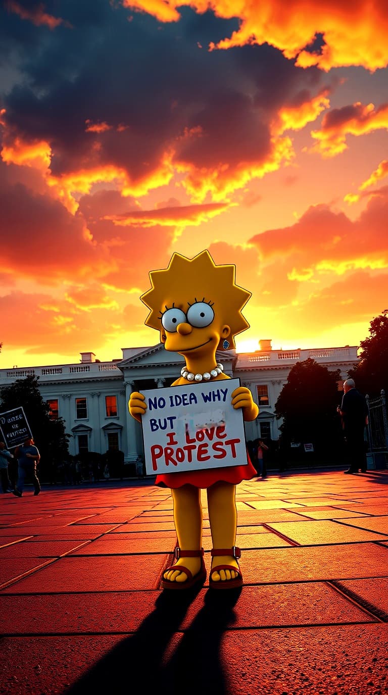AI generated: A 3D, pixar animated, panoramic scene of Lisa Simpson with her spiked hair, red pearl necklace, red ...