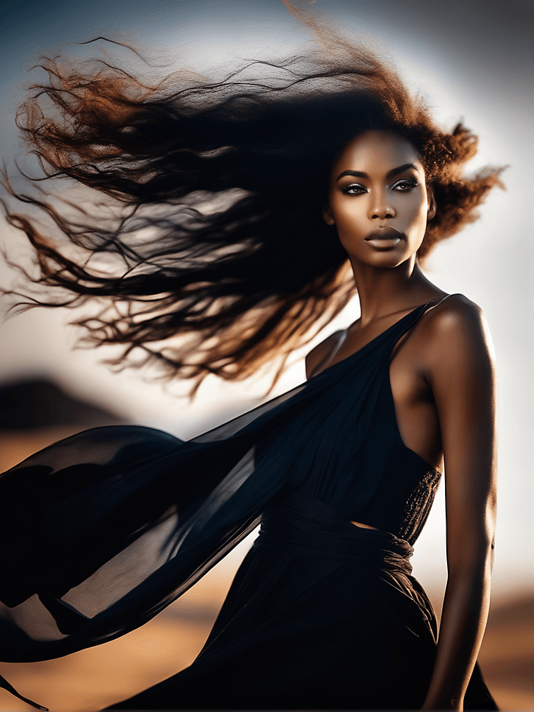 AI generated: amazing background, breathtaking bohemian black model, motion, award-winning art photograph, thunder...