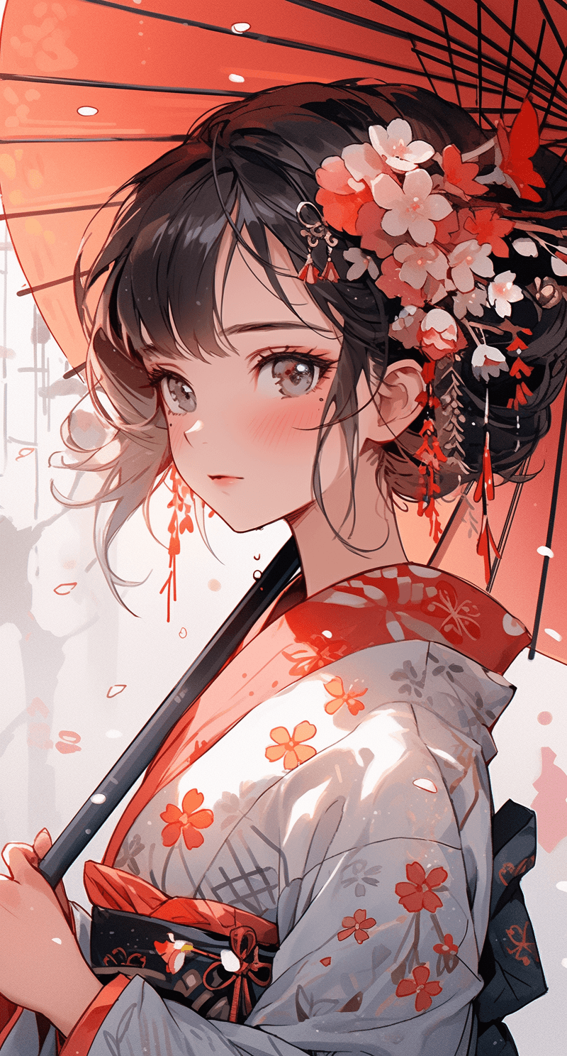 AI generated: a japanese girl with an umbrella android app, in the style of geisha portraiture, hyper-detailed ill...