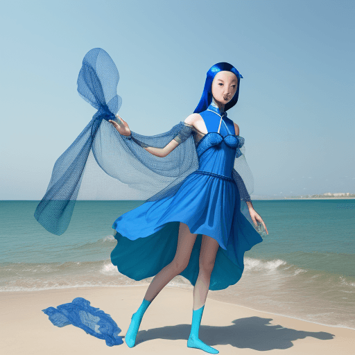 AI generated: a woman in a blue dress on the beach, in style of ren hang, fashion model features, in a style combi...