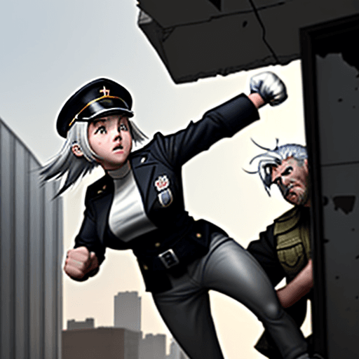 AI generated: 15-year-old girl with silver hair reaching her shoulders trying to punch a 35 year old boy with a wh...