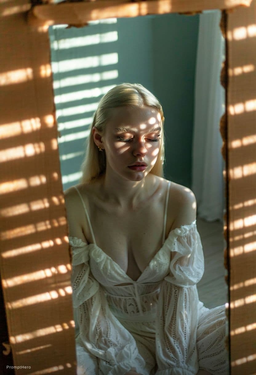 AI generated: birds eye view of a 30 years old blonde woman,looking down,watching herself sitting centralized dire...