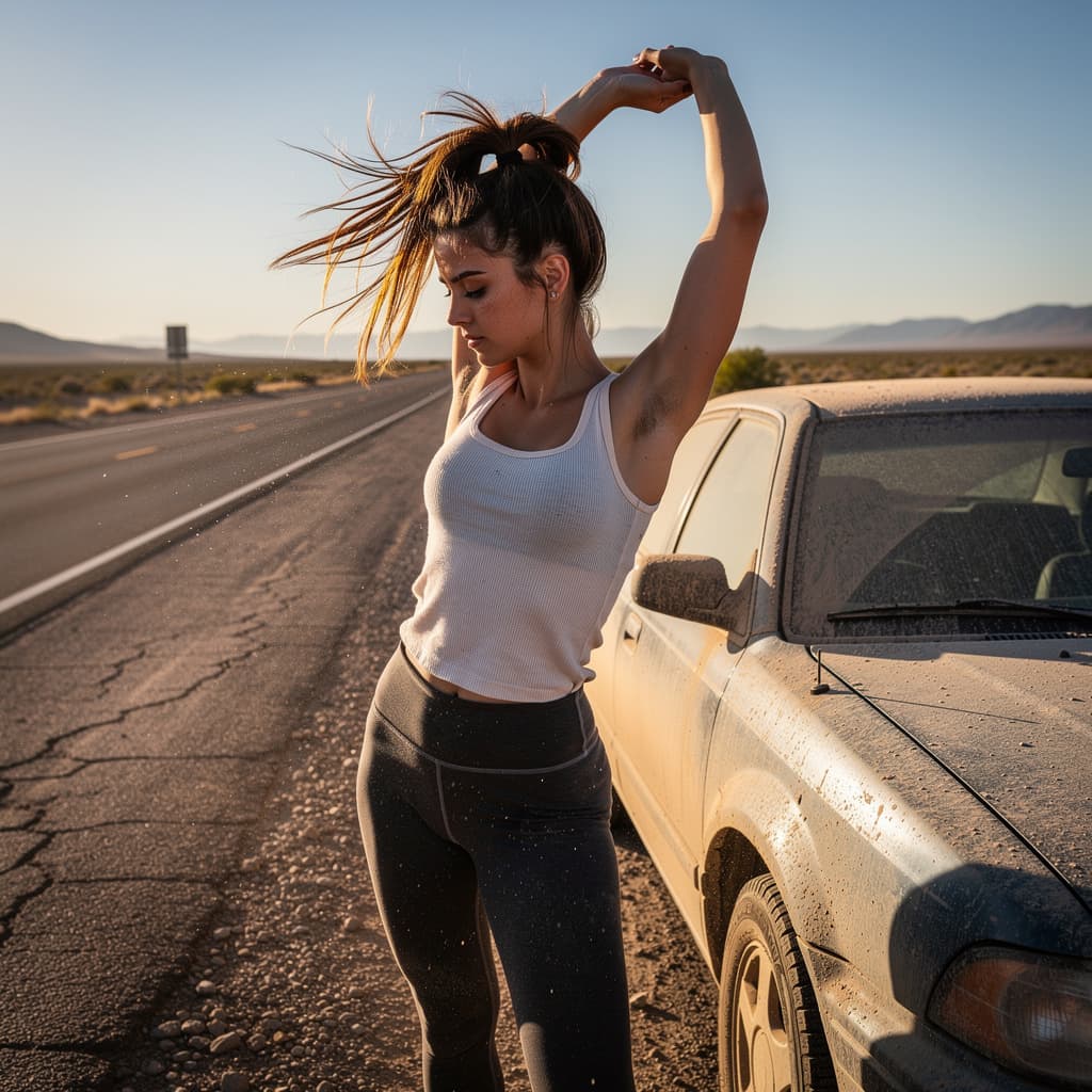AI generated: A striking observational documentary scene captures a young woman stretching beside a dusty parked c...