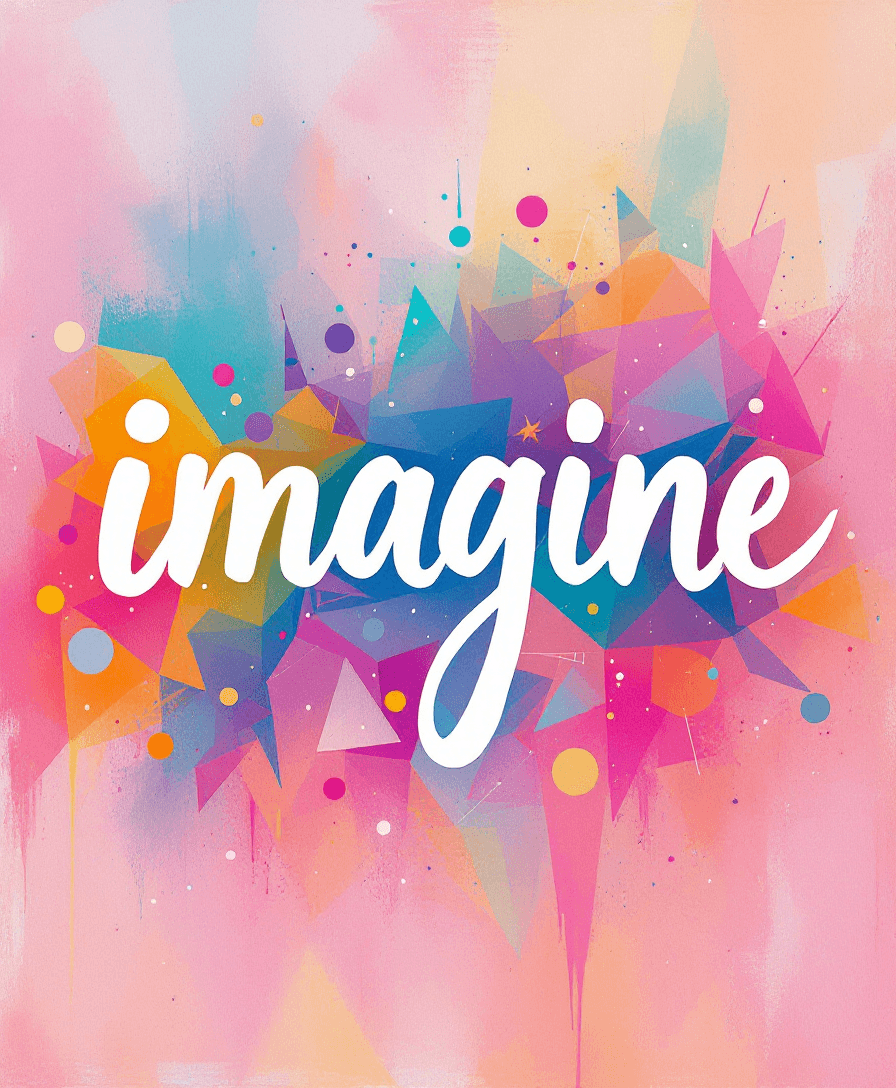 AI generated: lettering "imagine", white color paint, canvas texture, geometric vibrant colorful background --ar 9...