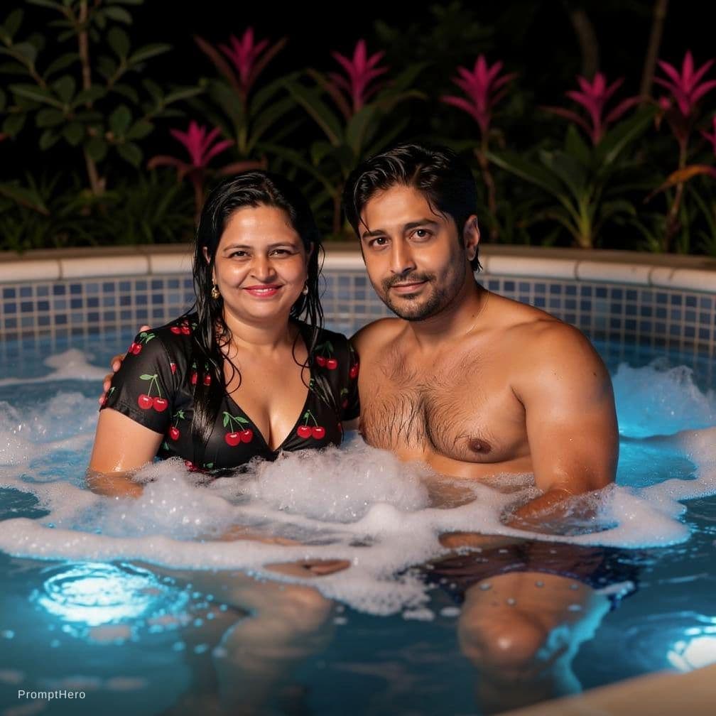AI generated: A high-fashion cinematic photo of a man and a woman in a luxurious outdoor hot tub at night. The wom...