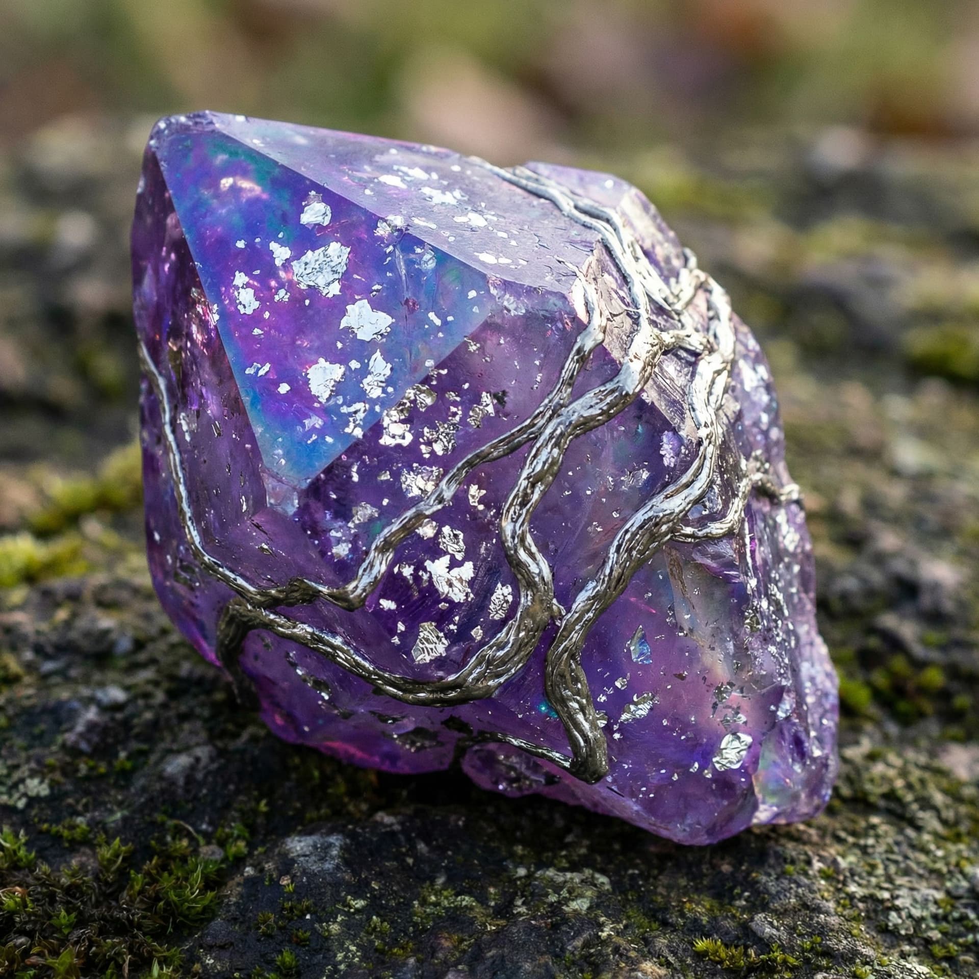 AI generated: A purple crystal with a opal shine and flakes of silver in it and veins running through it that look...