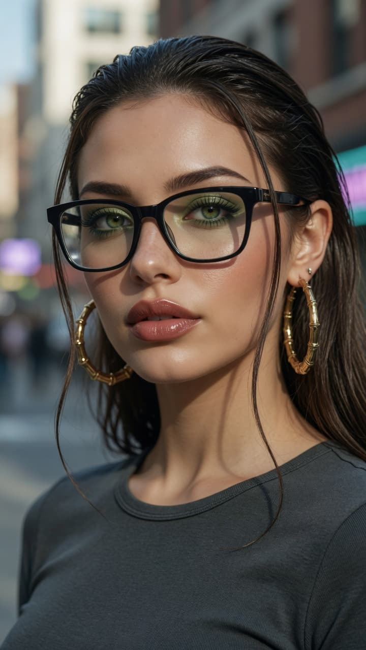 AI generated: "Photorealistic close-up portrait of a beautiful young woman with striking green eyes, long dark eye...