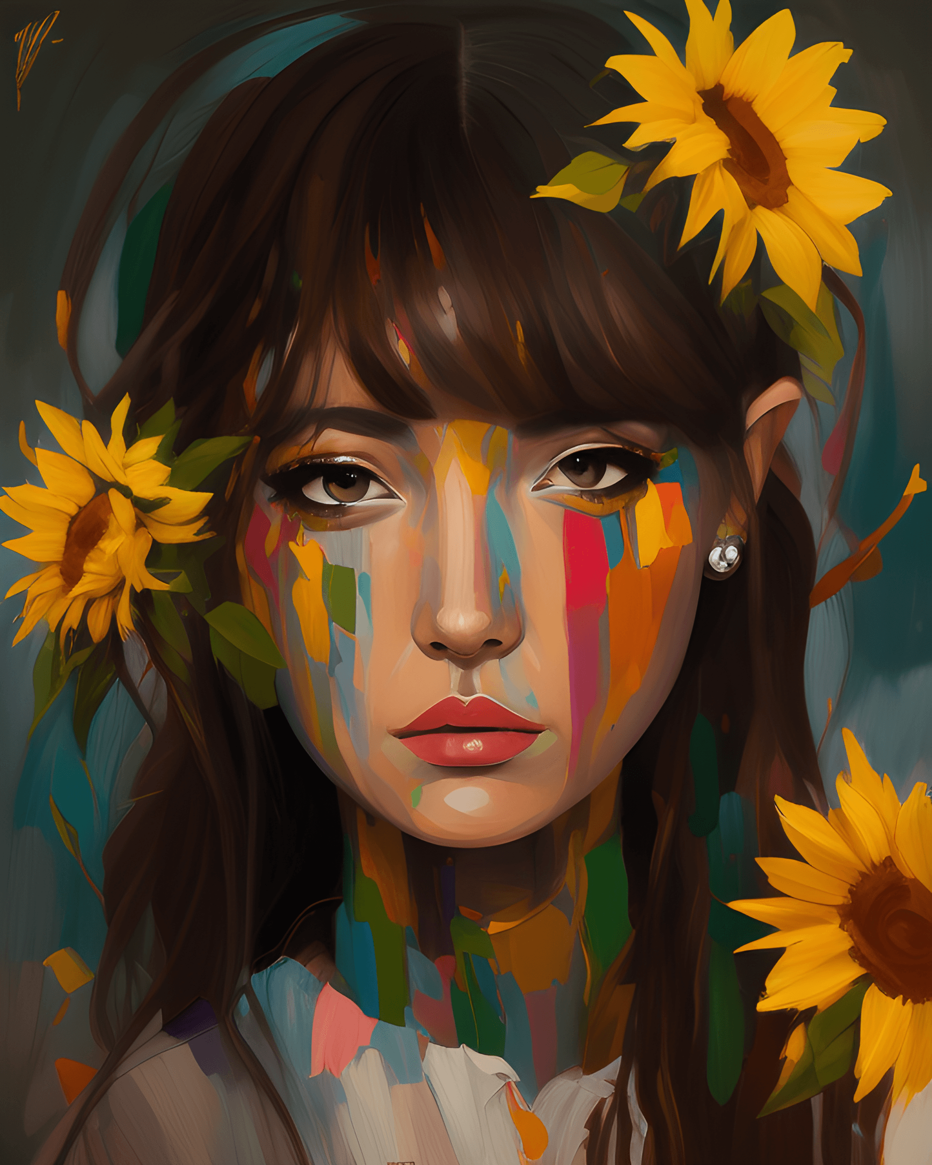 AI generated: a woman with sunflowers in her hair, inspired by Leona Wood, pixiv contest winner, elf long weaving ...