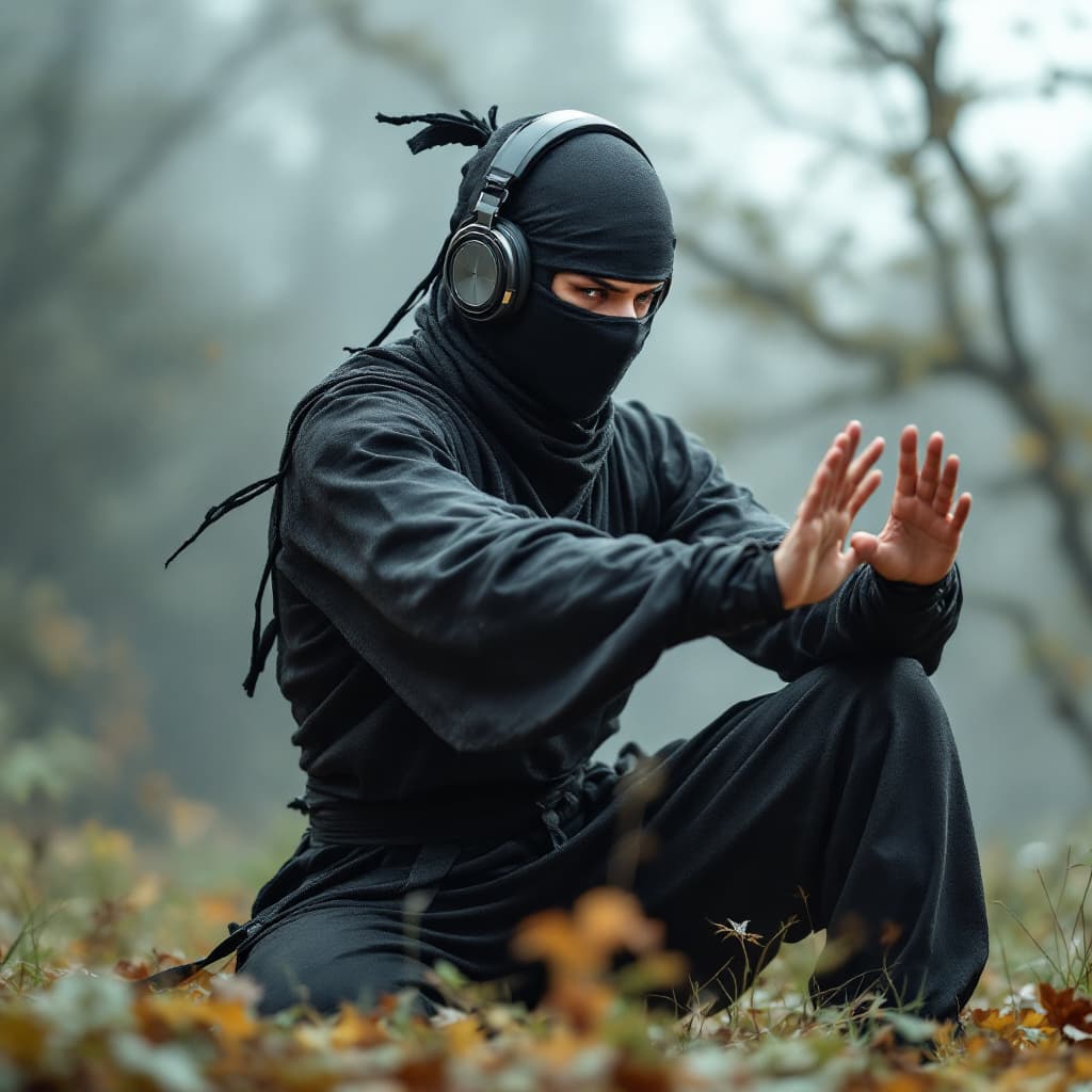 AI generated: a male ninja wrapped in whole body armopr with headphones listening to classical music and doing tha...