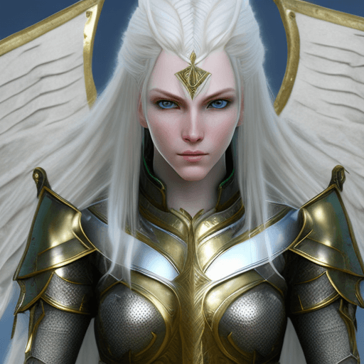 AI generated: Female knight, long white hair, pale skin, green eyes, symmetrical features, thin features, narrow f...