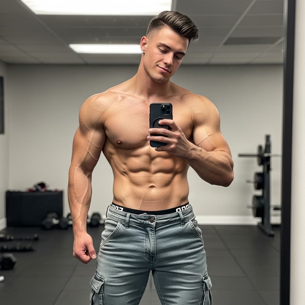 AI generated: A young bro in tight cargo jeans with v tapers tight flat 6 pack abs nice chest thick full wide shou...