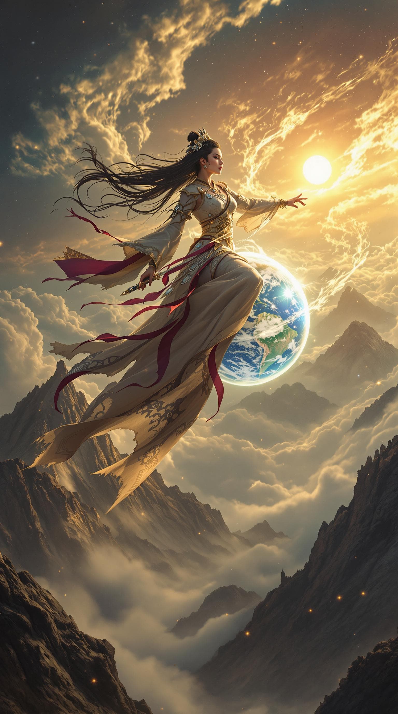 AI generated: An ultra-wide cinematic scene of a fierce and elegant Hmong warrior princess, angel soaring through ...