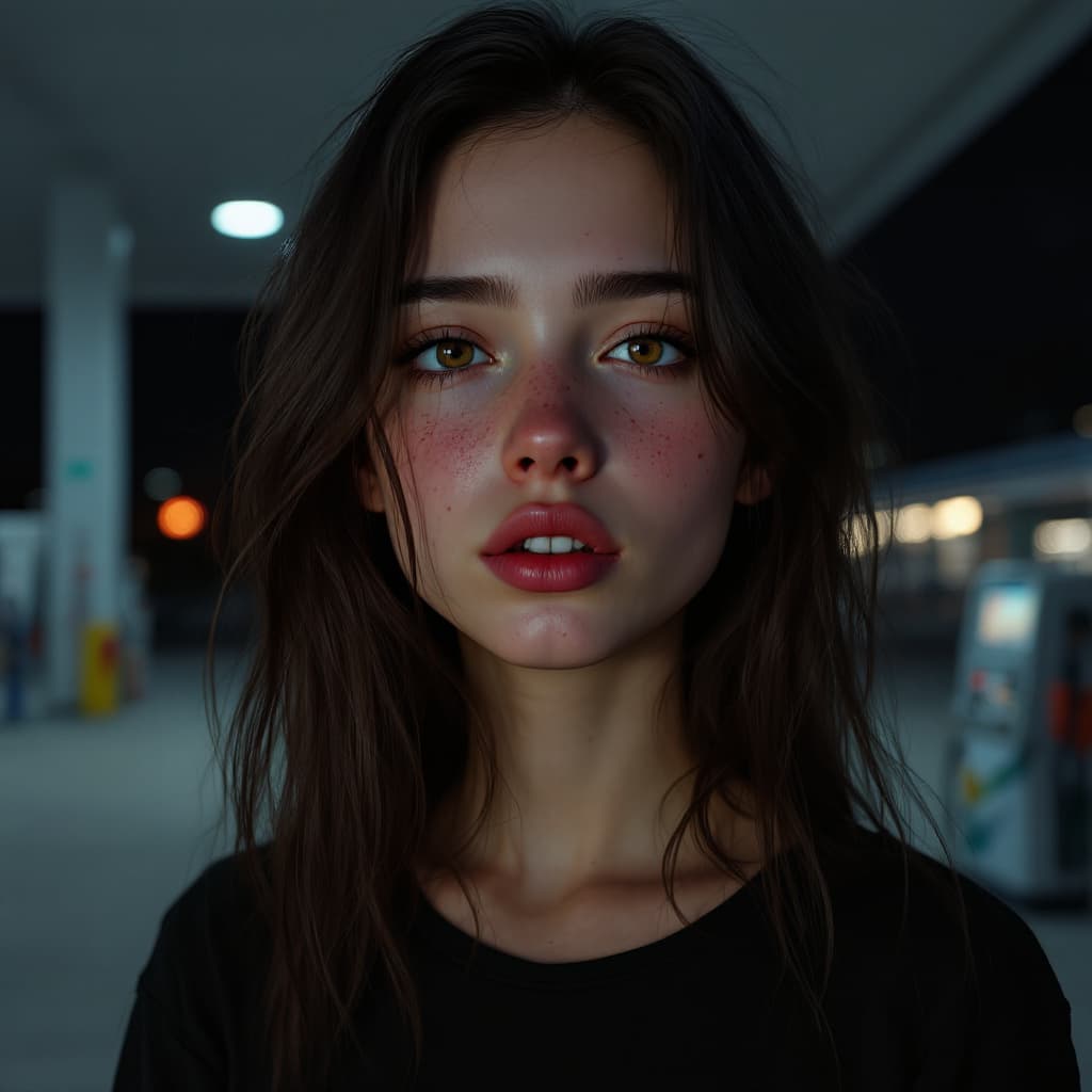 AI generated: young adult woman, pale skin, sleepy brown doe eyes, visible eye bags, long eyelashes, slightly mess...