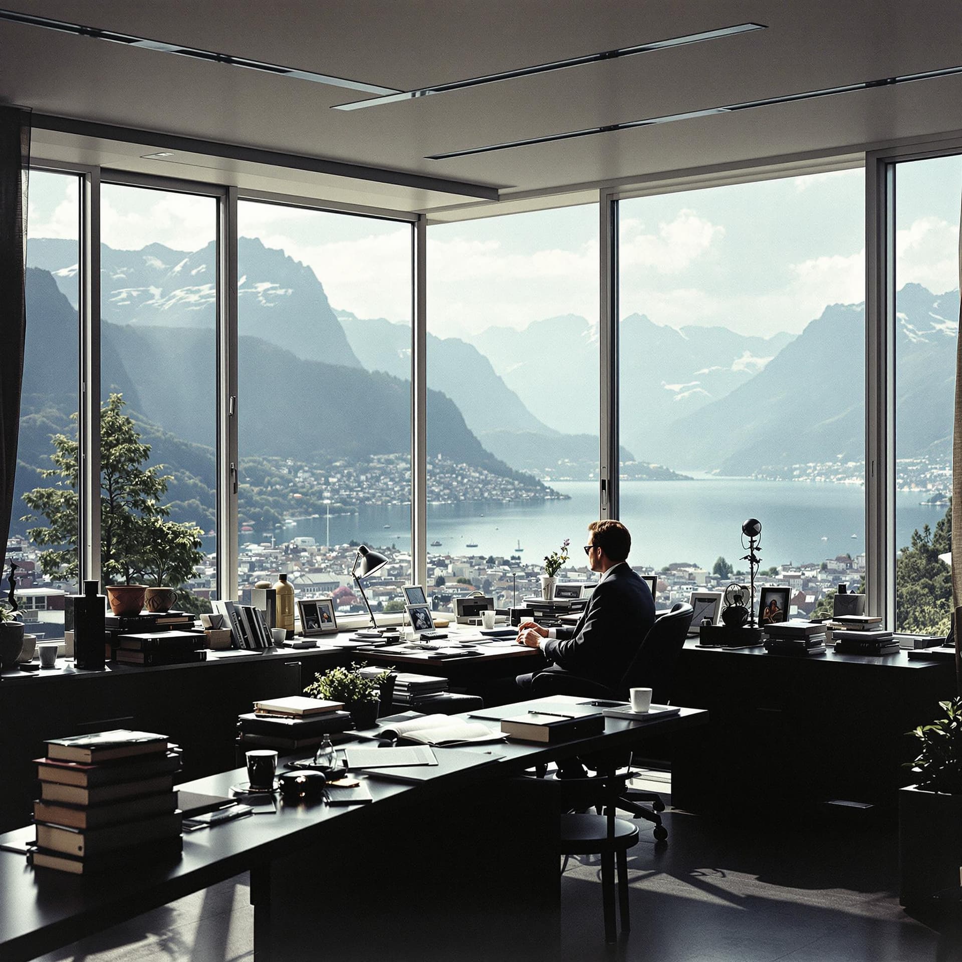 AI generated: An office of a Swiss executive in the early eighties, sitting at his desk with large windows overloo...
