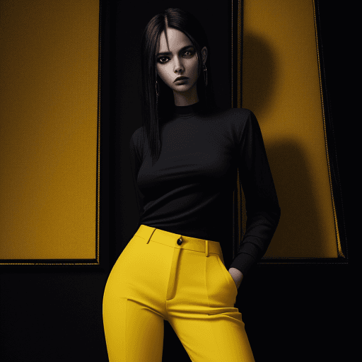 AI generated: The image features a woman wearing a black shirt and yellow pants, standing in a room for fashion ma...