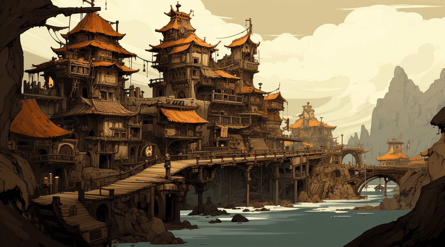 AI generated: an image of a city with old houses and a wooden structure near a mountain, in the style of brian kes...