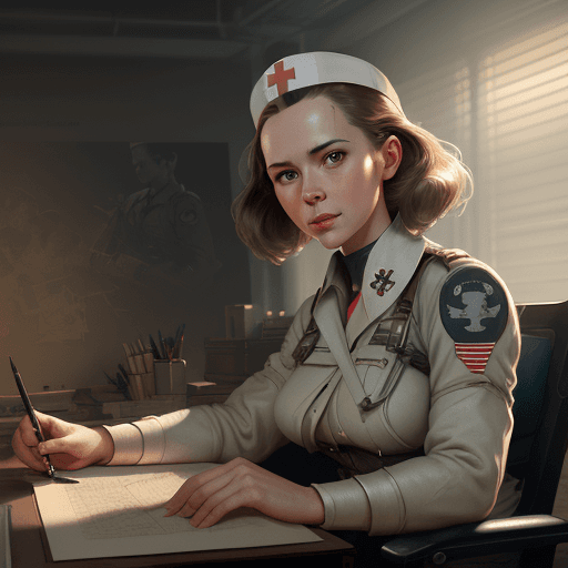 AI generated: WWII nurse sitting in office, highly detailed, cinematic lighting, concept art, illustration, intric...