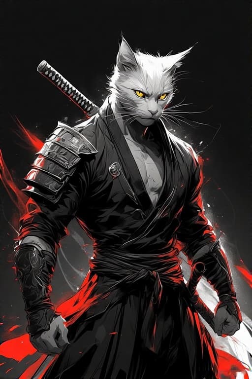AI generated: samurai-cat, katana on belt, yellow eyes, black and white picture, black and red smudges --v 4