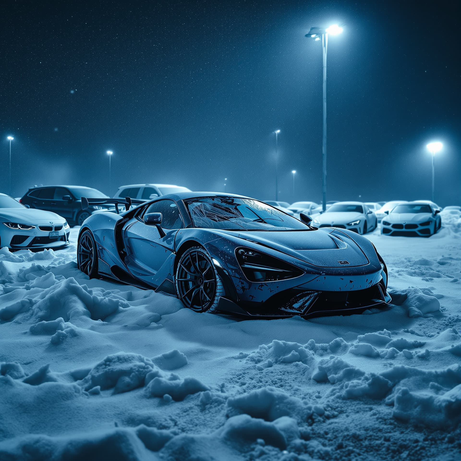 AI generated: Cinematic night scene of a closed, snow-covered parking lot in a remote winter area. Fresh snow blan...