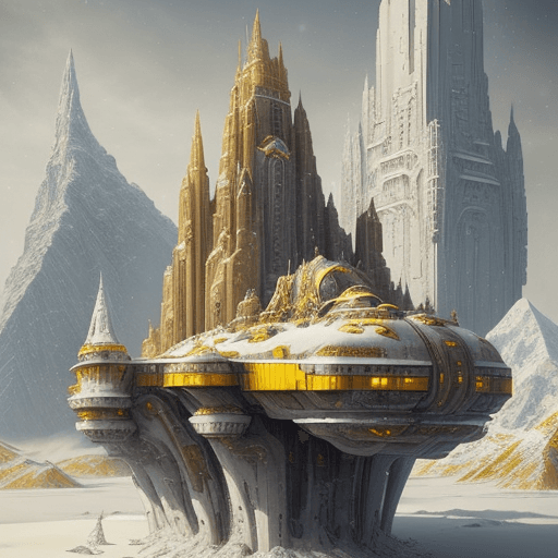 AI generated: futuristic spaceship floating in snow and ice, yellow and beige color, in the style of fantastical r...