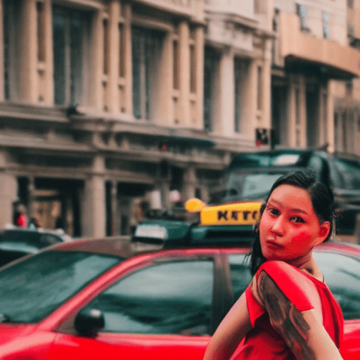 AI generated: Beautiful girl wearing a red shirt on a busy street with a yellow cab in the background
