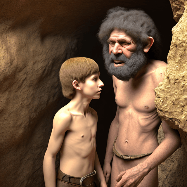 AI generated:  a young prehistoric boy talking to a very old prehistoric caveman in a prehistoric cave,  side view...