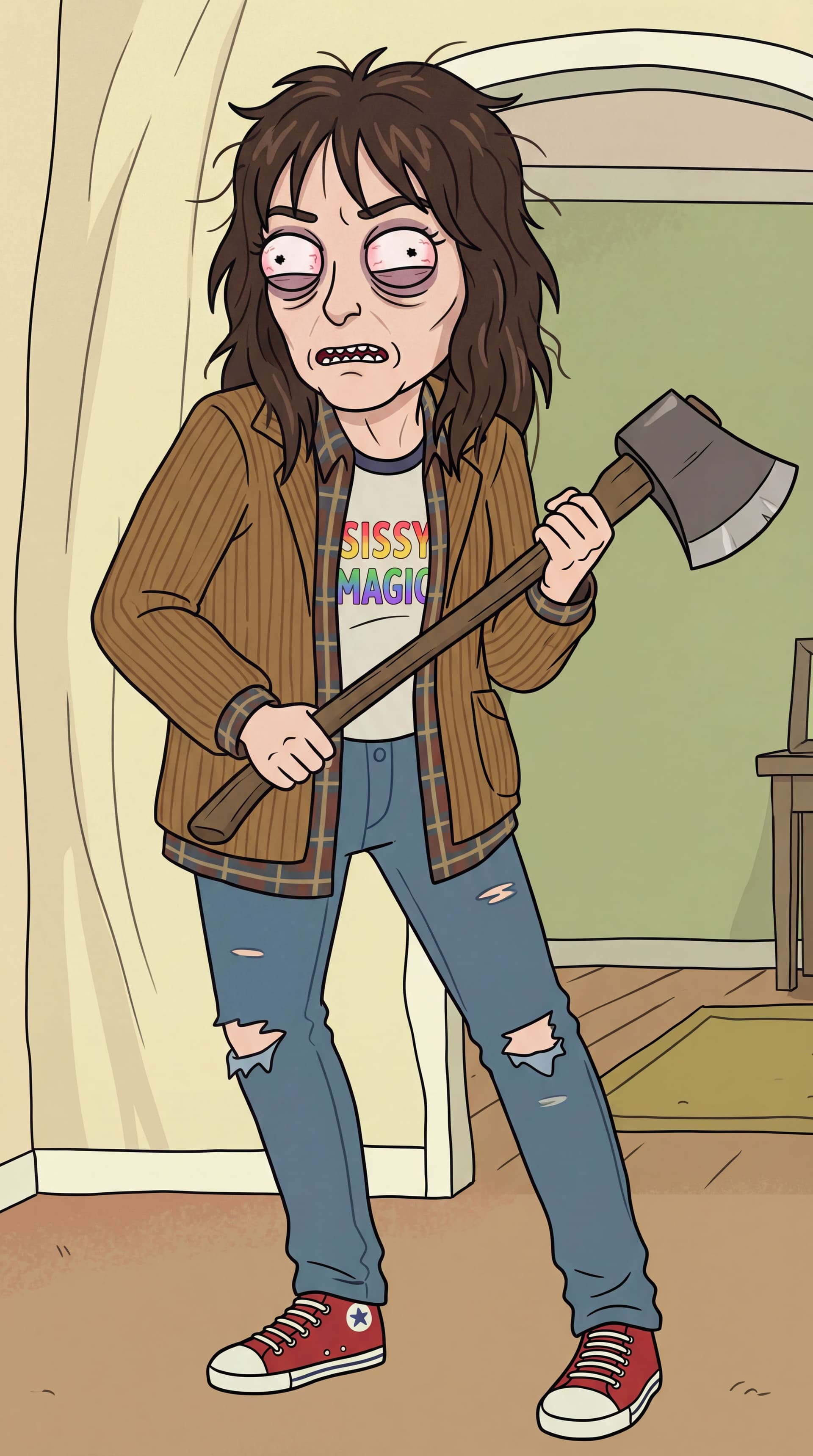 AI generated: Generate full-body from  Stranger Things Joyce Bayer in the iconic Rick and Morty animation style. M...