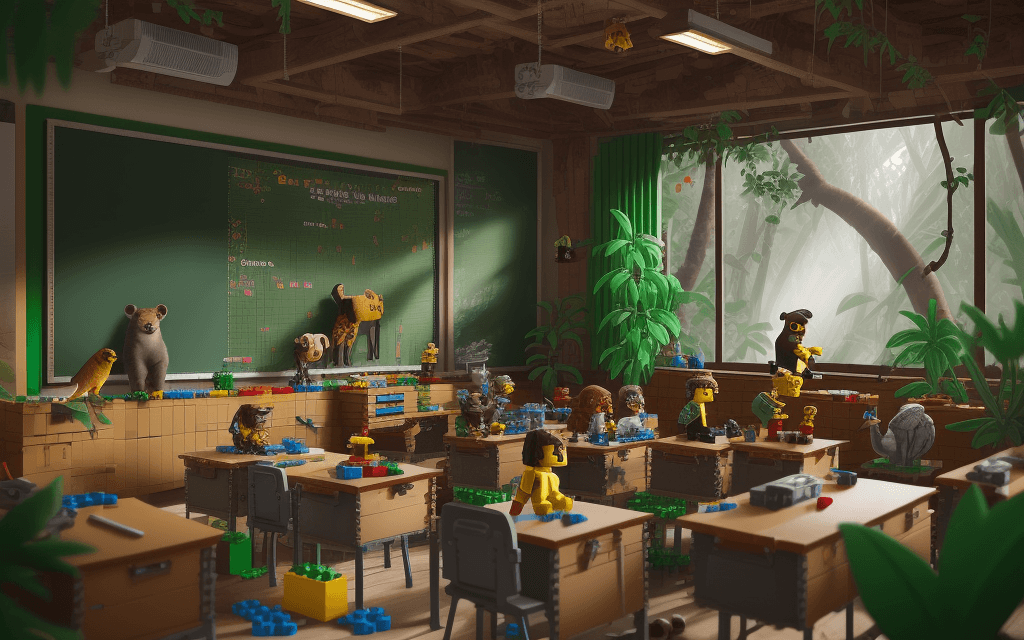 AI generated: old classroom in jungle with lego ,lego animals in that classroom , 8k
