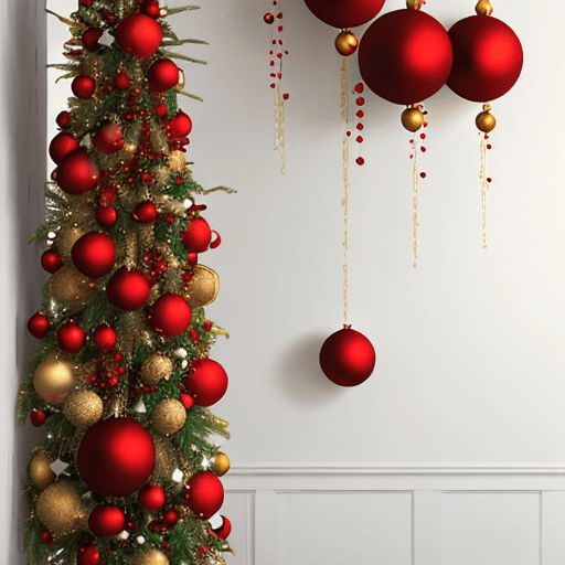 AI generated: Christmas red and gold balls on wall, white bacgroud,  