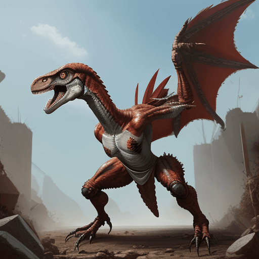AI generated: A Velociraptor Dinosaur dressed as a Gladiator with two swords in its legs, in an environment of Cha...