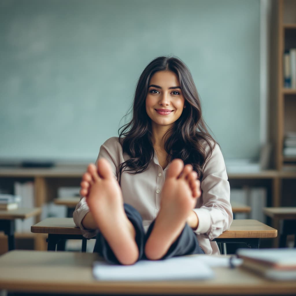 AI generated: A Turkish female teacher sitting at a desk in a classroom, casually relaxing with her feet crossed o...