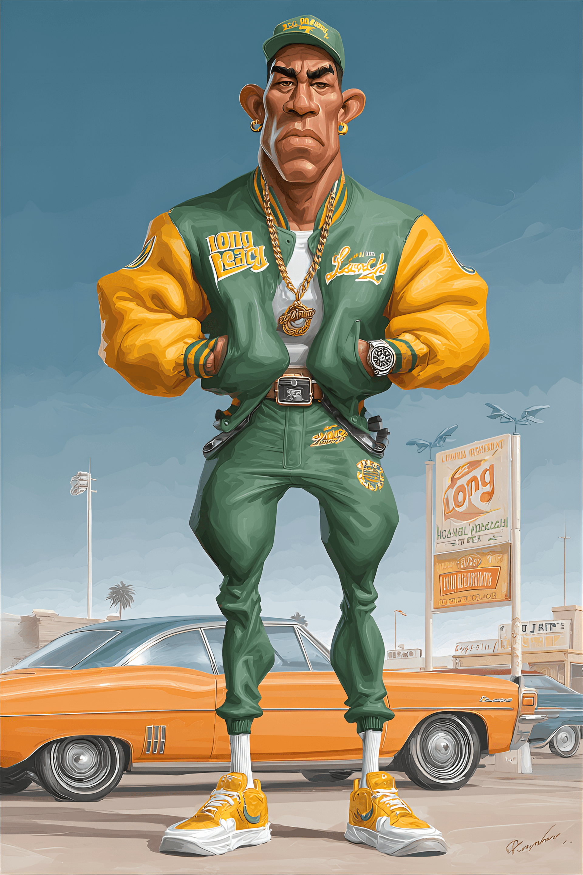 AI generated: funny caricature, exaggerated retro athlete, african american ethnicity, 28 years old, tall, muscula...