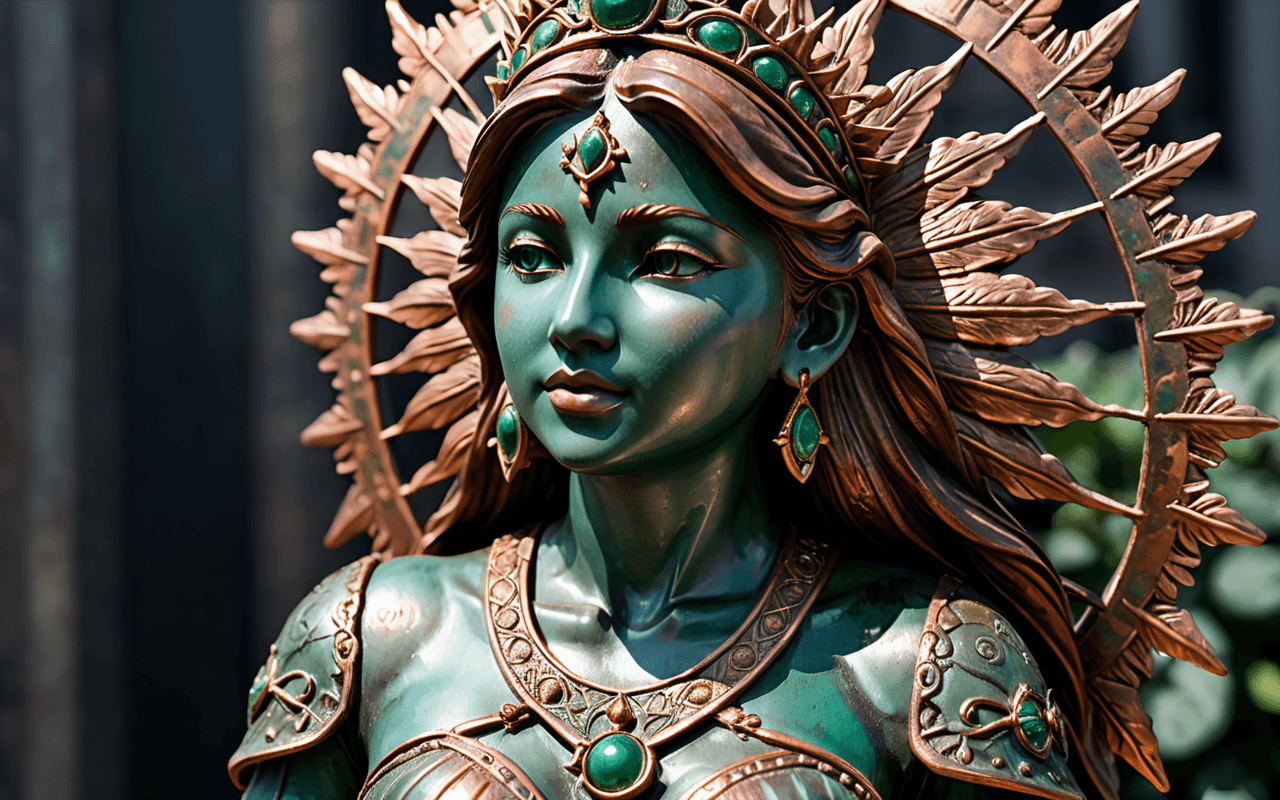 AI generated: copper sun princess statue,(deep green patina:1.3), realism, realistic ,one full body, intricate det...