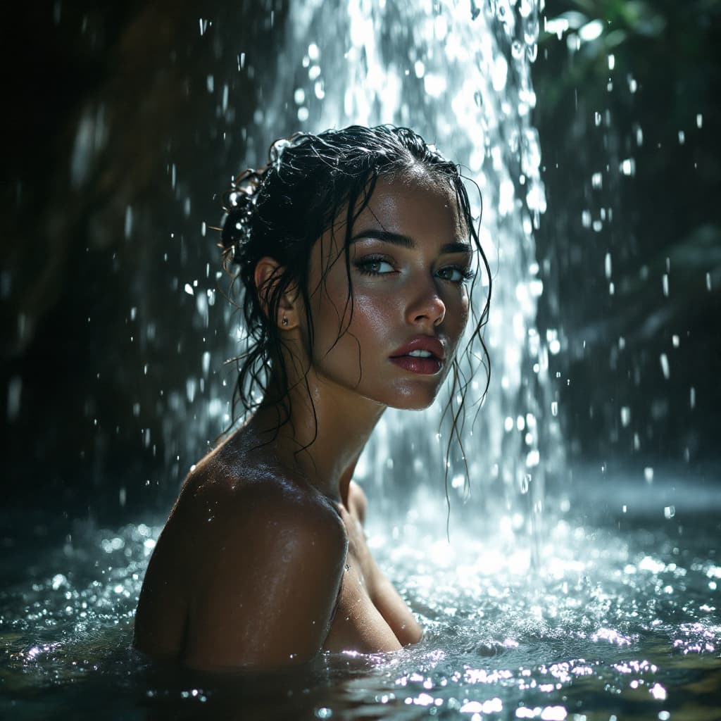 AI generated: masterpiece,,very seductive photomodel under a waterfall,waterdrops on skin,dynamic lights,waterfall...