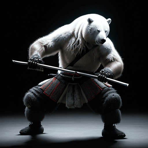 AI generated: in a dark roon, a photo of a realistic samurai polar bear with a katana in his hands in a fighting s...