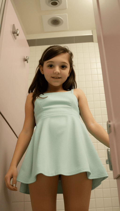 AI generated: 12-year-old girl bathroom The camera shot from below. minidress open legs