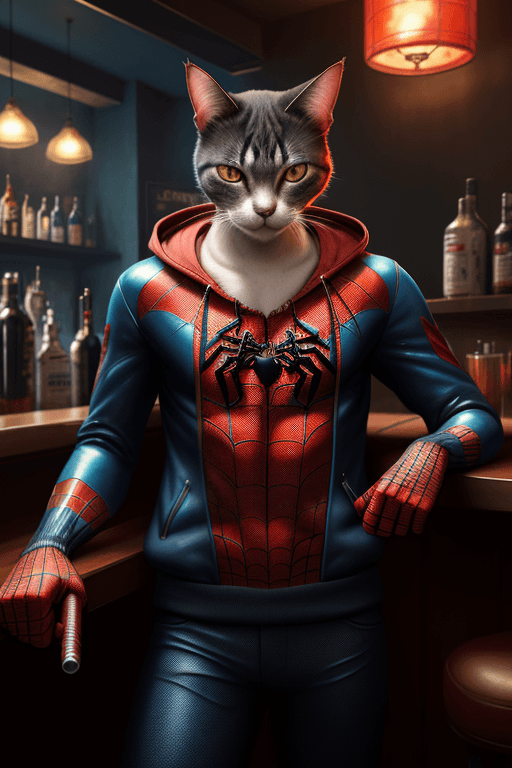AI generated: A cat is smoking in a bar, hyperrealistic futuristic,wearing spiderman jacket, 8k, artstation
