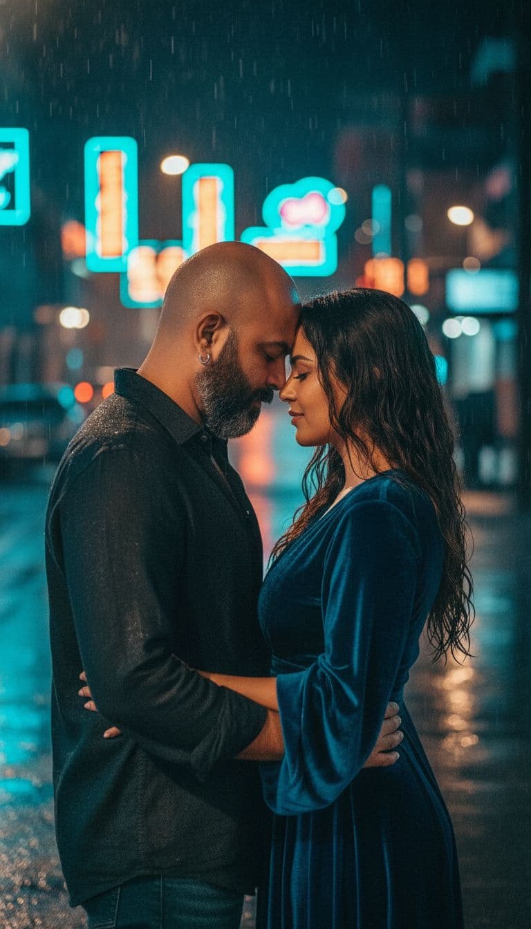 AI generated: Merge A and B into a cinematic night couple portrait. Preserve both faces. Neon bokeh in the backgro...