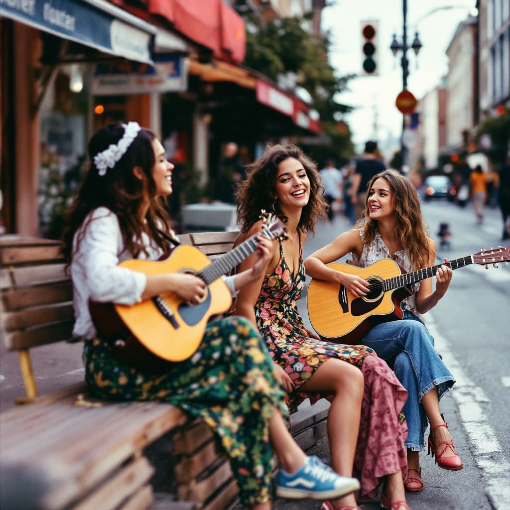 AI generated: A photograph of three girls playing music on the street in the style of Pop Art with a medium aspect...